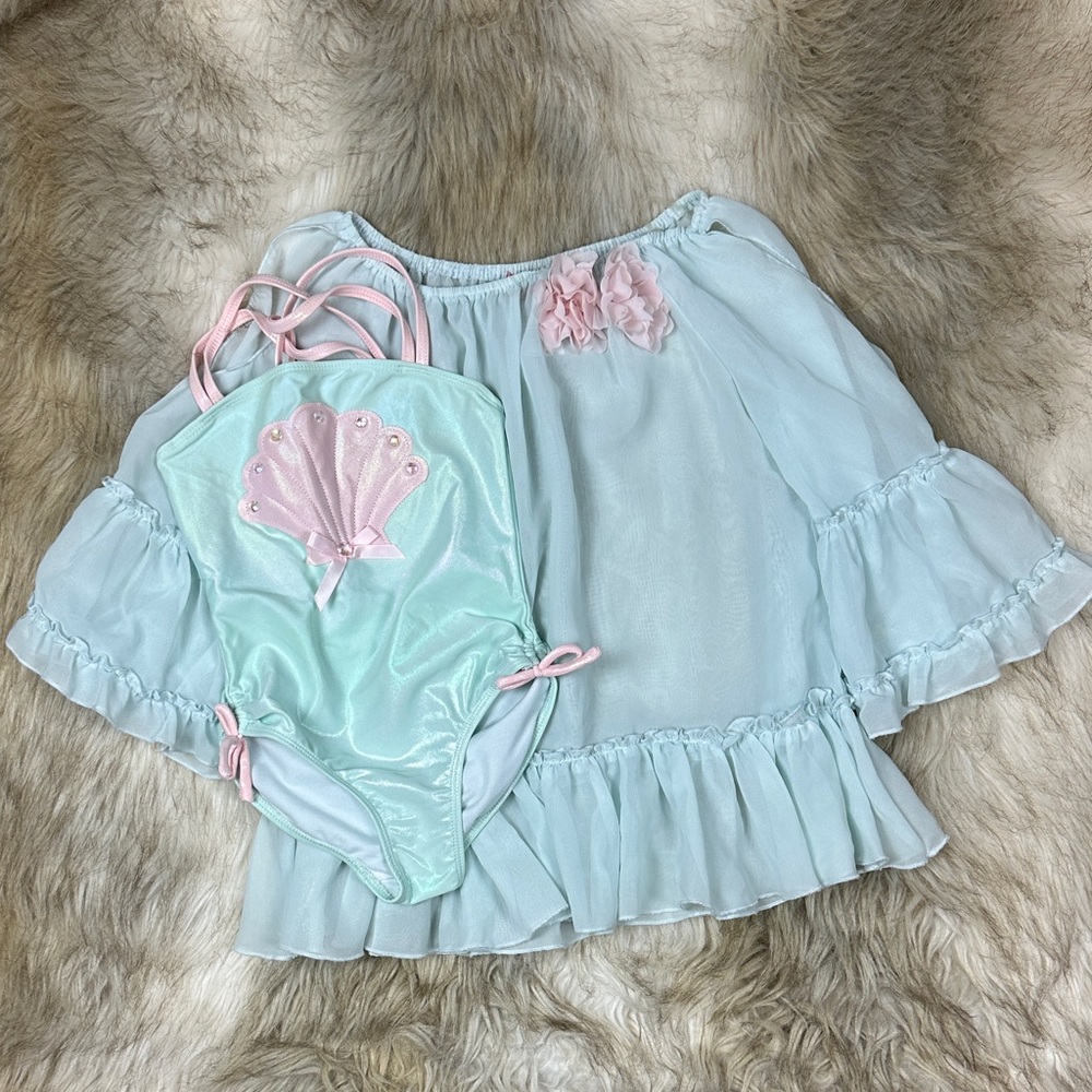 Kate Mack Light Blue Ruffled Cover-Up + Matching Shell One-Piece Swimsuit Set